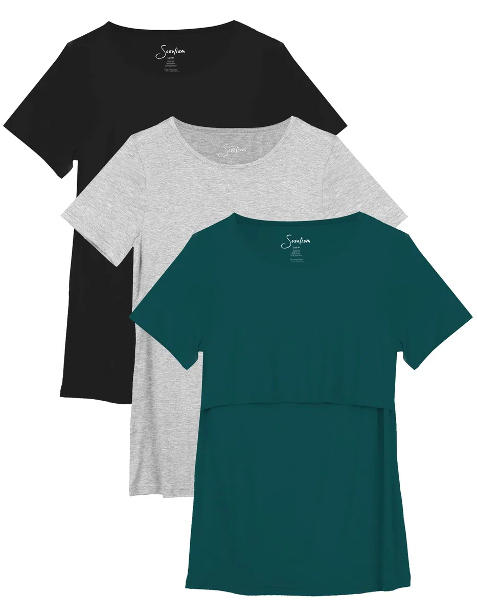 Sosolism Set da 3 Magliette da Allattamento Estate a Maniche Corte T-Shirt Casual per Gravidanza e Post-Parto per Donne