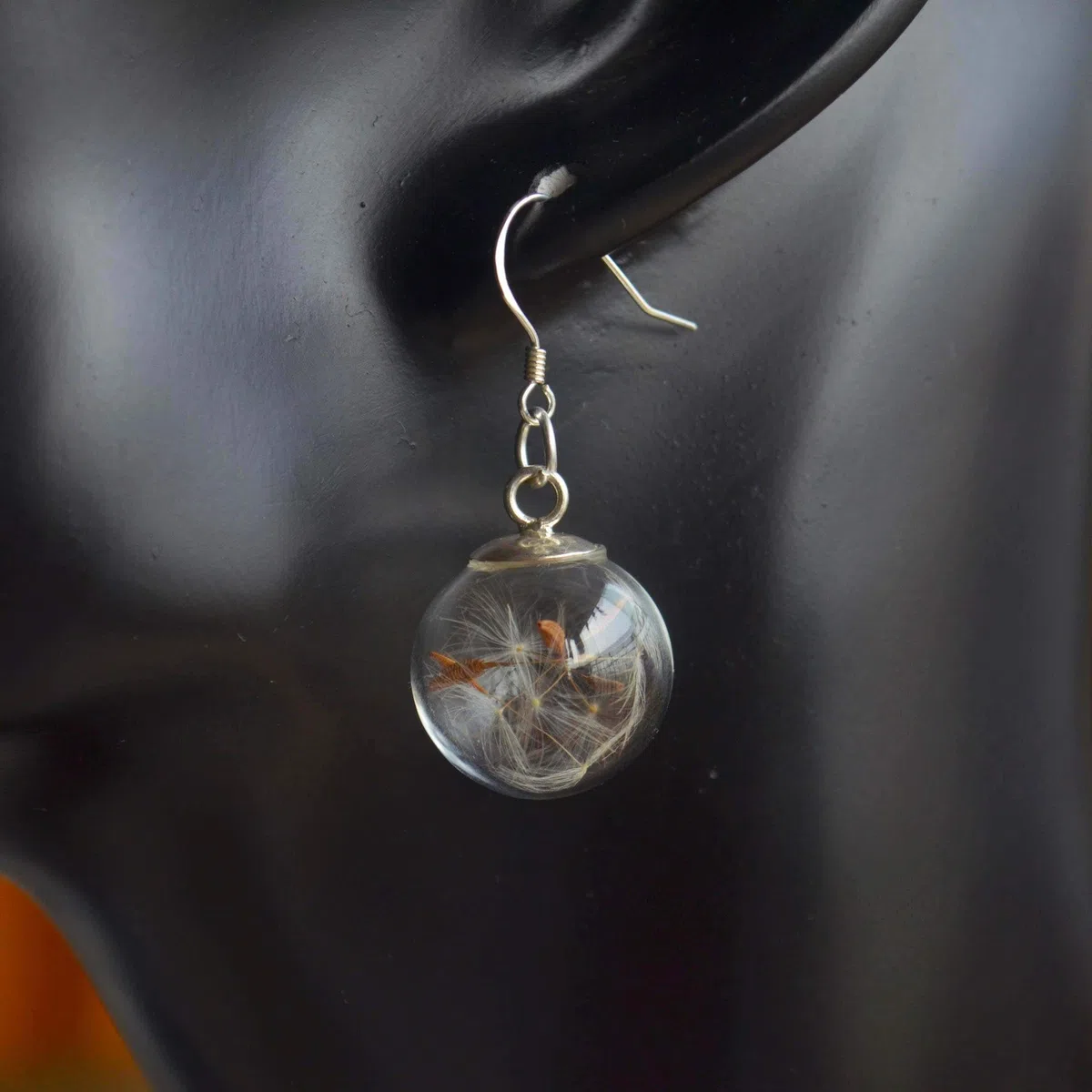 Dente di leone Esprimi un Desiderio Tarassaco Vero Fiori Vetro Palla Argento Sterling 925 Orecchini Goccia e pendenti Donna Handmade