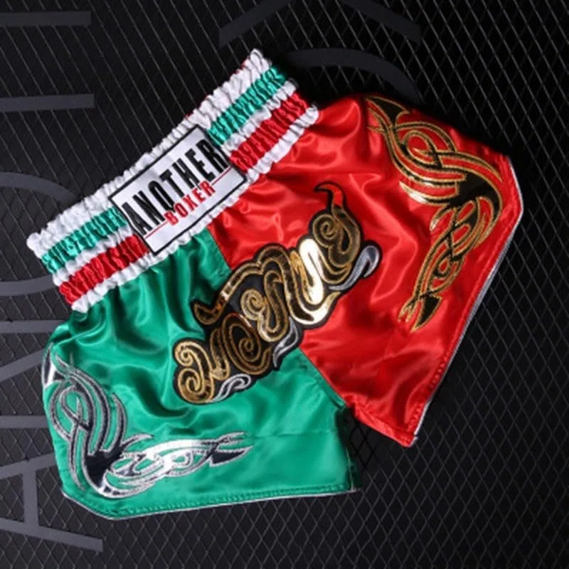 Pantaloncini da boxe unisex, con elastico in vita, comodi, per muay thai, per allenamento di bambini e adulti, taglia XS, rosso e verde
