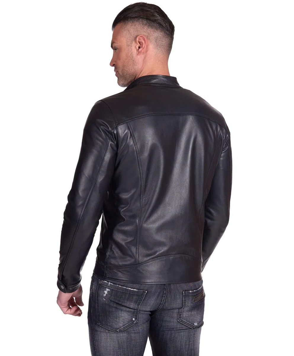 D'Arienzo Giacca Pelle Blu Uomo Giubbino Biker Vera Pelle Made in Italy Ted