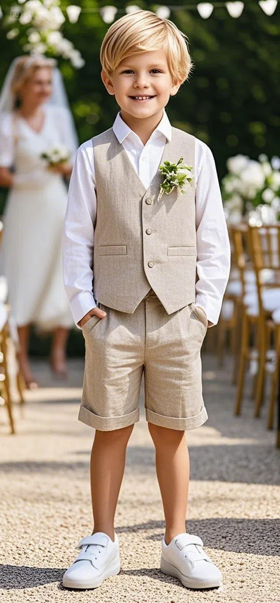Set da smoking per bambini in lino, 2 pezzi, con gilet e pantaloni corti, per l'estate, spiaggia, matrimonio, per bambini