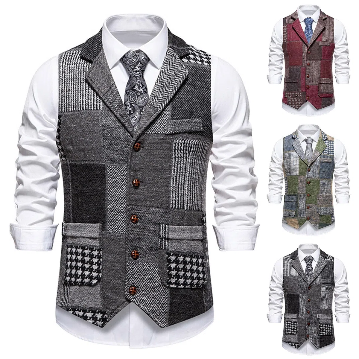 Gilet Uomo Tweed Elegante Abito in Lana Vintage Scollo a V Panciotto Casual con Bottoni da Formale Matrimonio Senza Maniche Stile Urbano Y2K alla Moda Tinta Unita Classico per Business