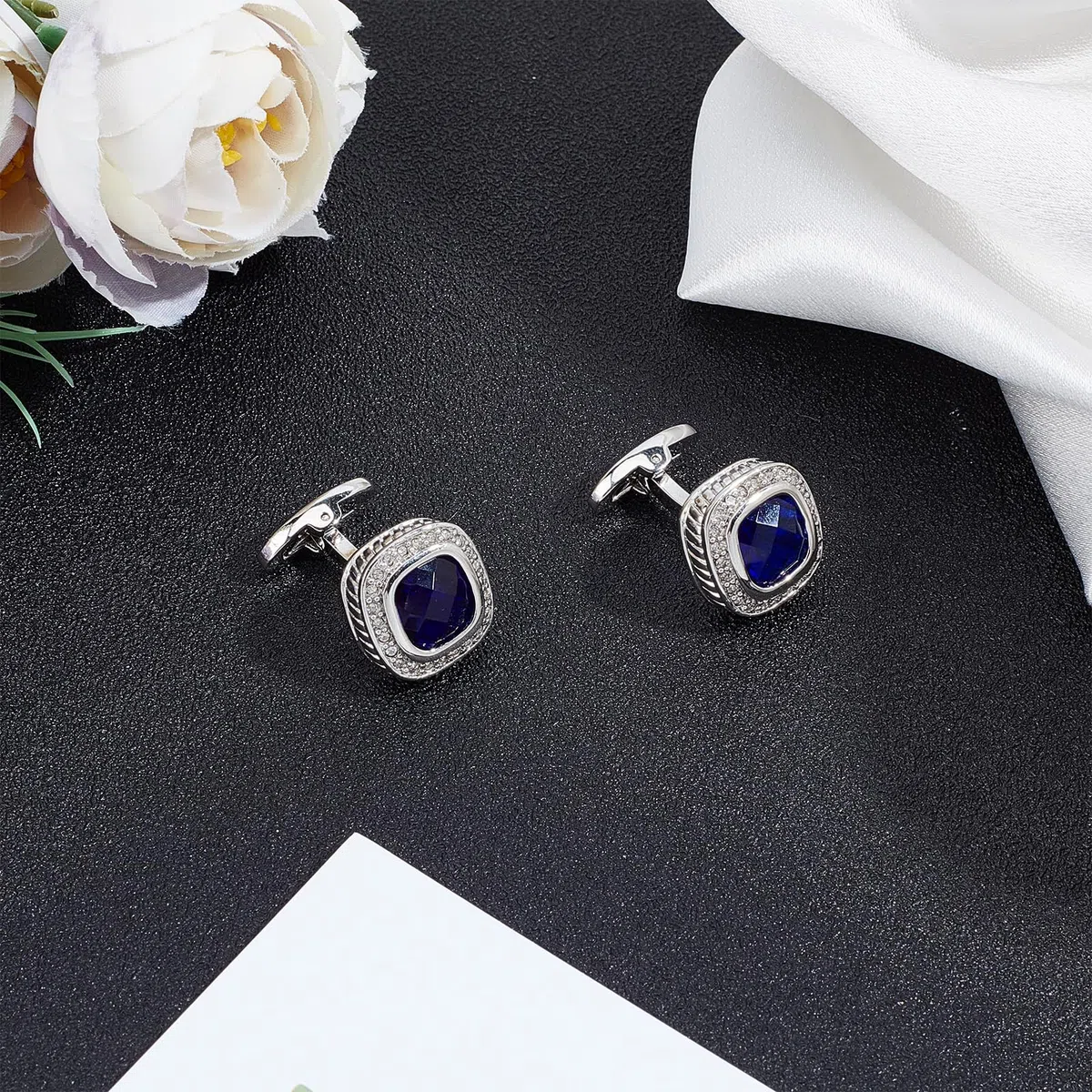 NICENEEDED Gemelli in Cristallo Blu Color Argento, Gemelli in Pietra Gemma per Camicia da Smoking da Uomo, Gemelli con Strass in Rame