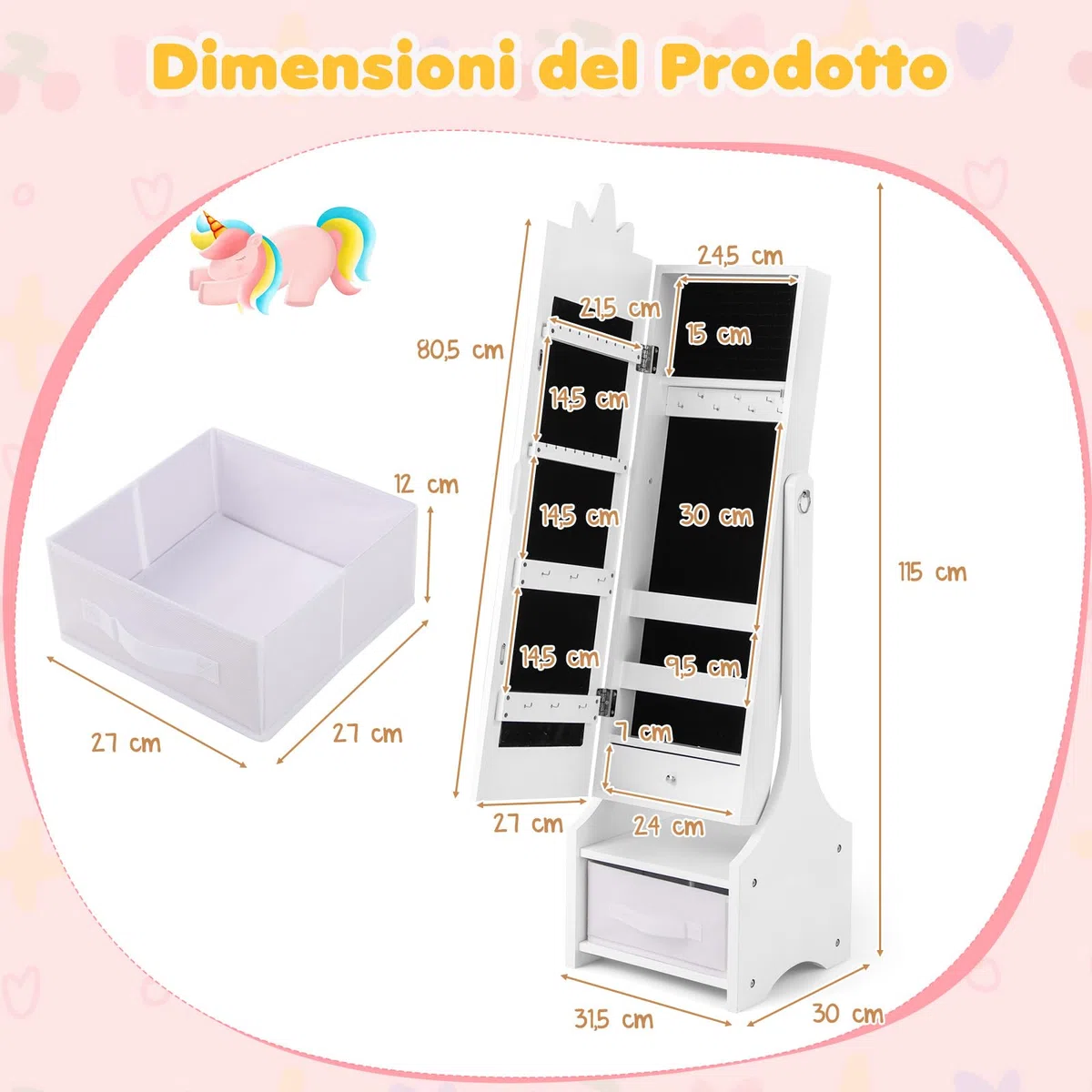 GYMAX Armadio per Gioielli per Bambini con Specchio a Figura Intera e Cassetto, 2 Angoli di Inclinazione Regolabili, Armadio per Gioielli da Principessa per Cameretta, 31,5 x 30 x 115 cm (Bianco)