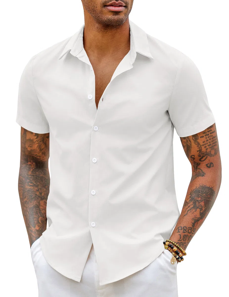 COOFANDY Camicia Uomo Manica Corta Estate Elasticizzata Slim Fit Camicia Casual Easy-Iron Camicie Business Elegante Tinta Unita S-5XL