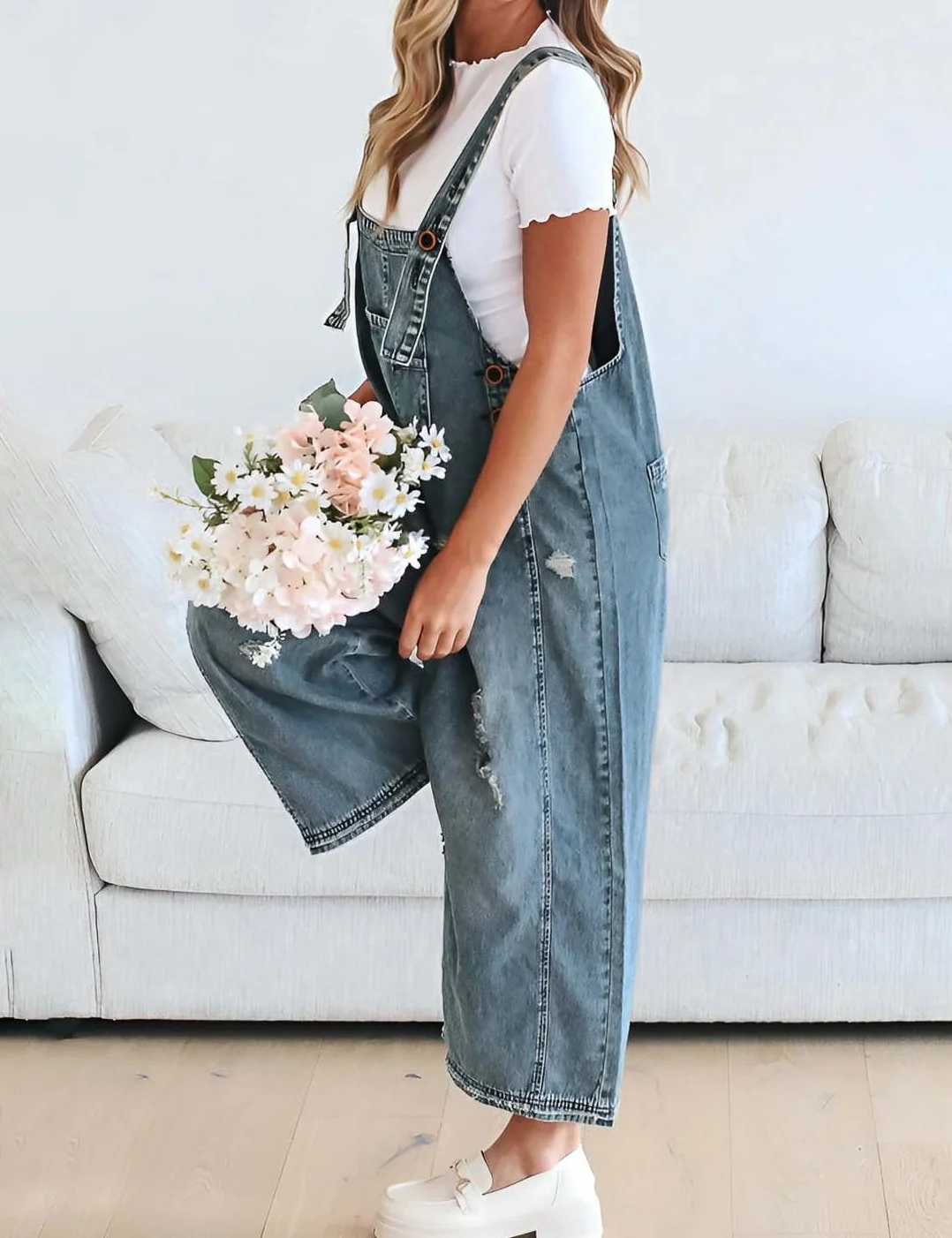 Tuta da donna vintage, casual, in denim, larga, larga, regolabile, con pantaloni