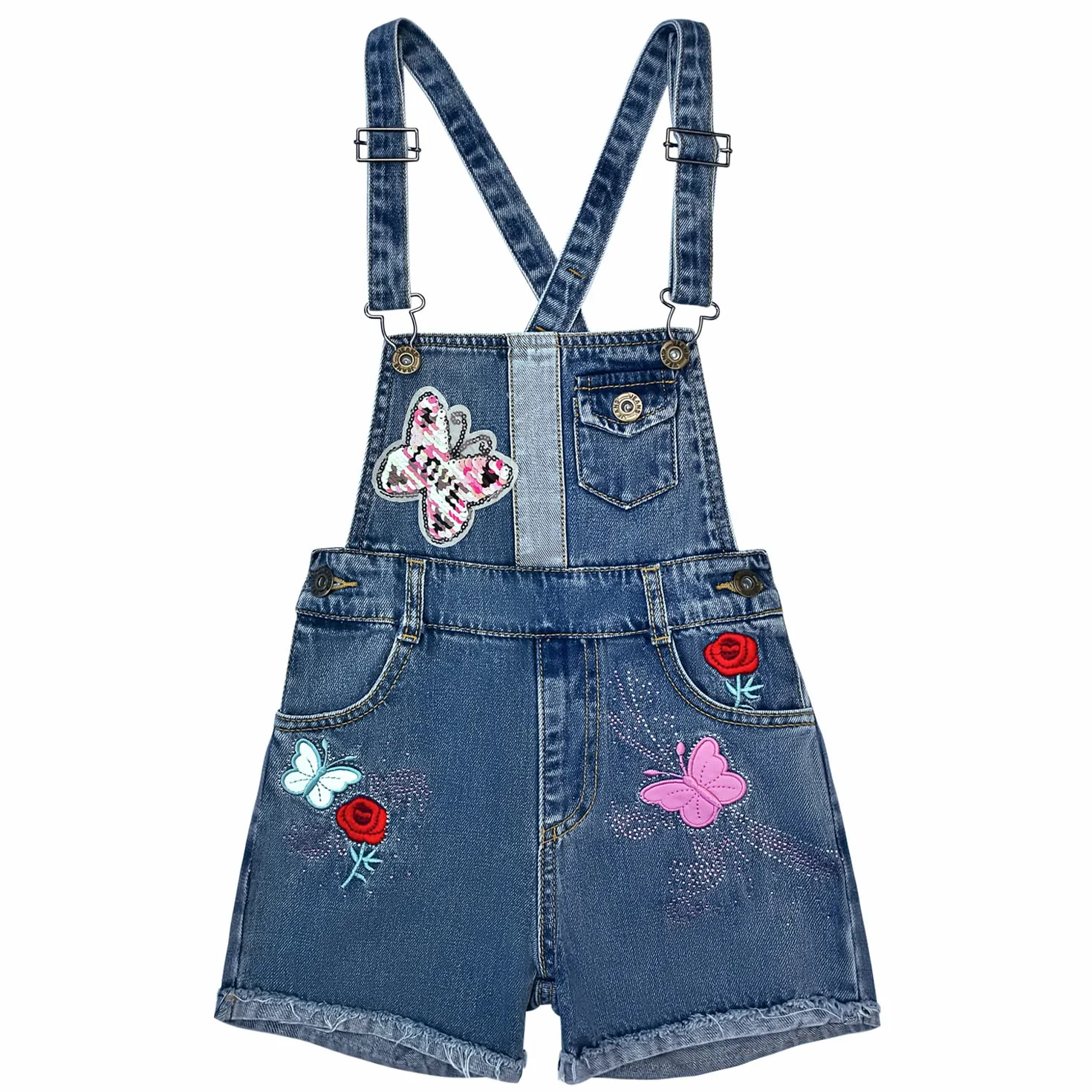 Peacolate 4-10 Anni Estate Piccola Grande Ragazza Salopette Corta Ricamato Flip Paillettes Denim Tute Pantaloncini