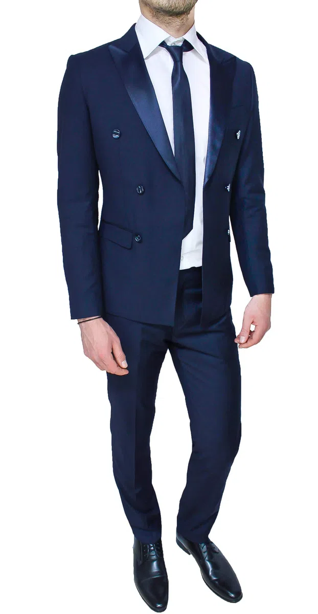 Abito Uomo Sartoriale in Raso Doppiopetto Completo Smoking Elegante Cerimonia