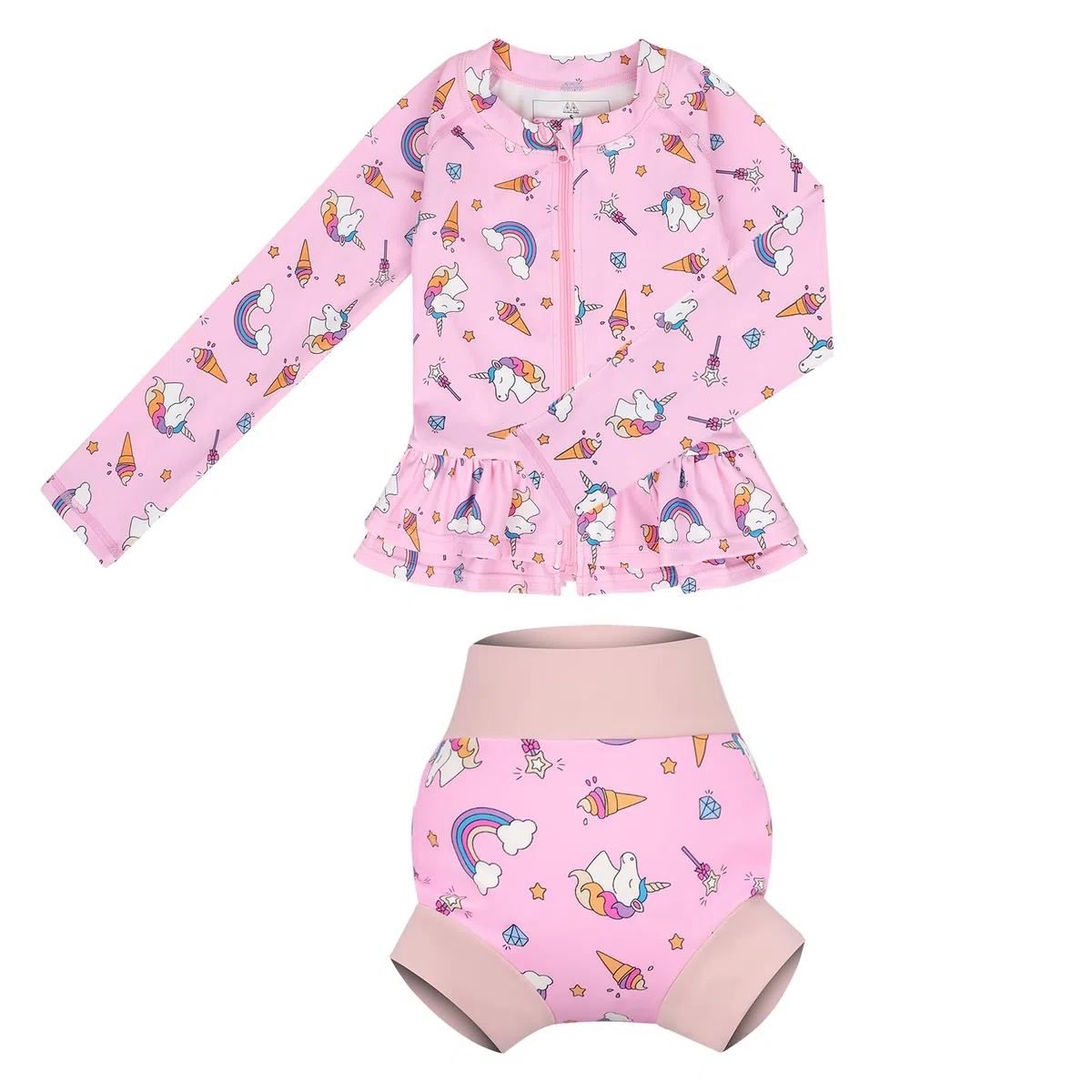 MOEMOE BABY Set da bagno in due pezzi, costume da bagno per bambini e bambine, protezione UV, costume da bagno con maglietta a maniche lunghe e pannolini da nuoto