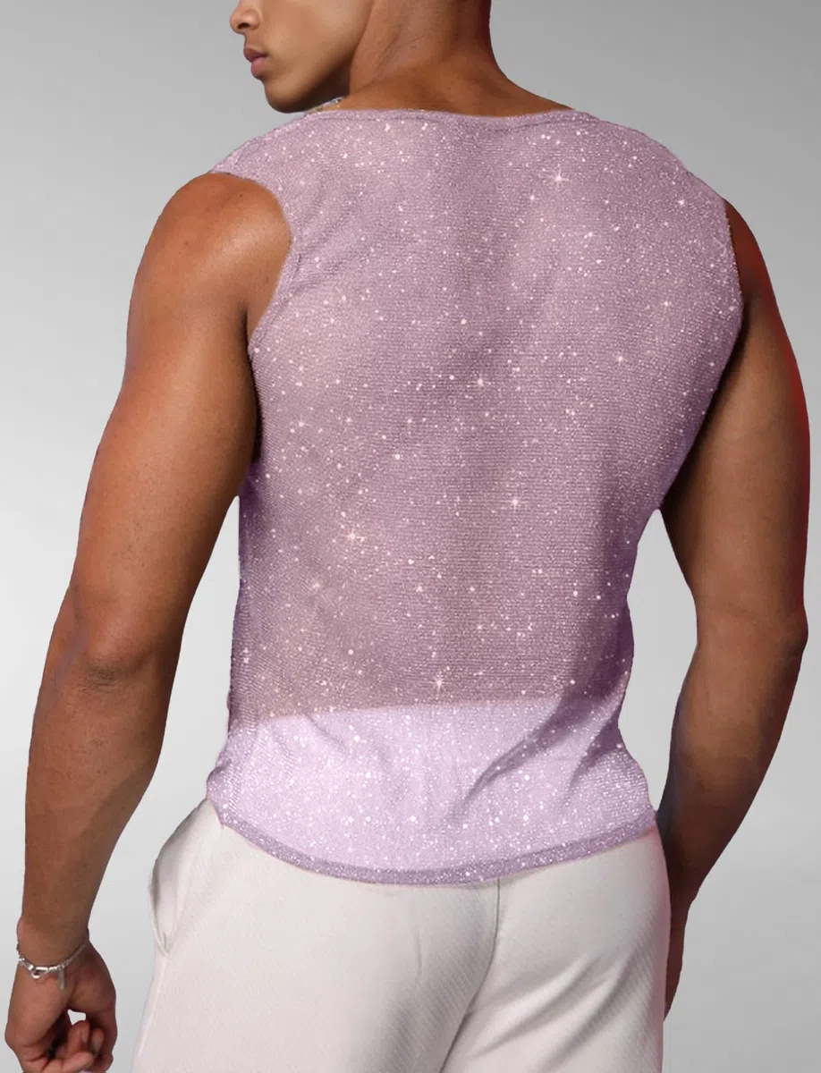 AIEOE Canottiera da uomo con brillantini, in rete trasparente, per la palestra, per il clubwear