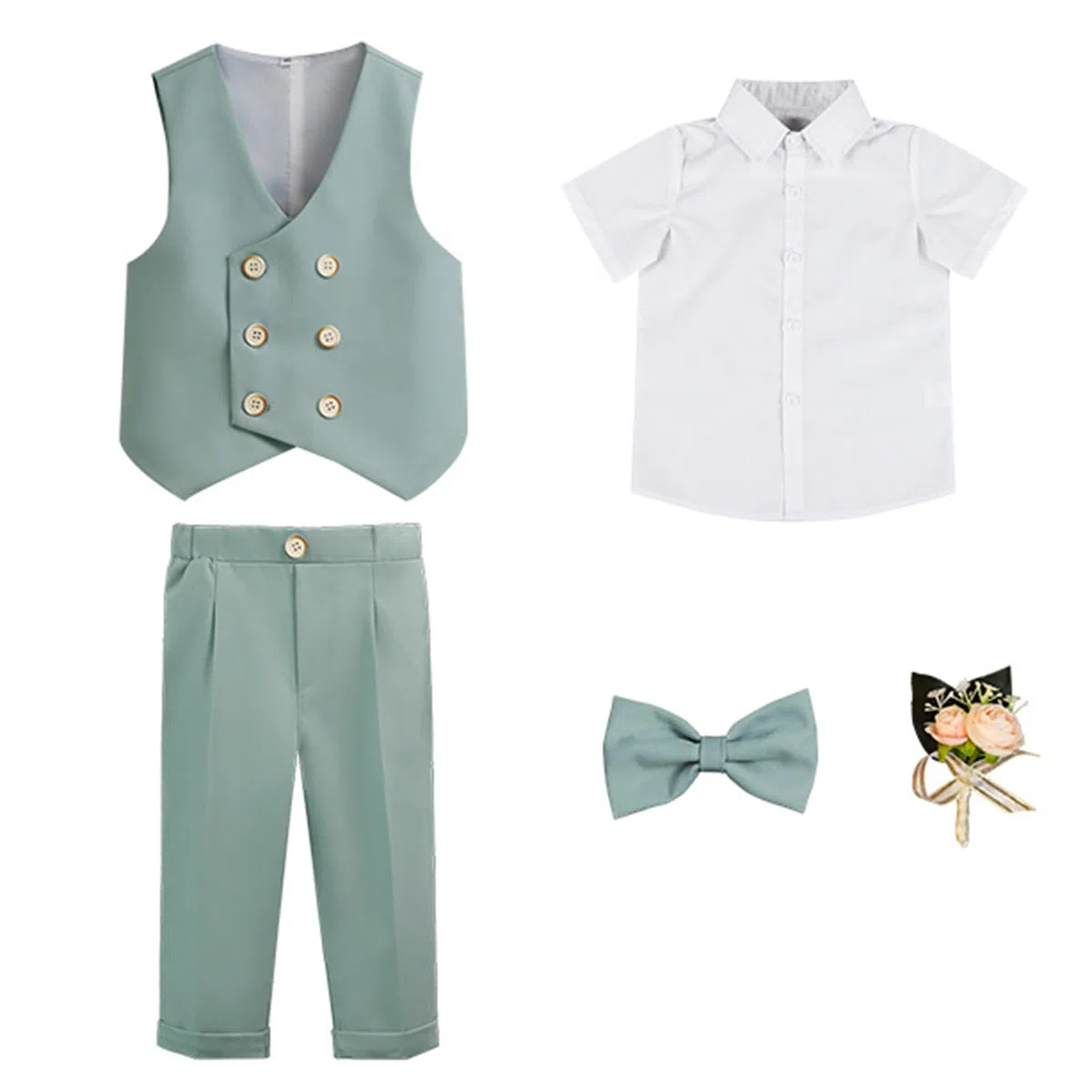 Smoking Abiti Bambini e Ragazzi Completi e Coordinati 5 Pezzi Camicia con Fiocco+Gilet+Pantaloni+Corsage Completi da Gentiluomo per Ragazzo