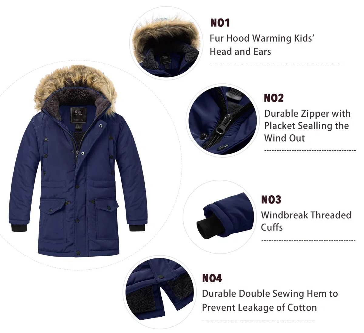 ZSHOW Giacca Invernale Caldo Antivento Parka Media Lunghezza Giubbotto con Cappuccio Pelliccia Capispalla Imbottito Idrorepellente Bambino