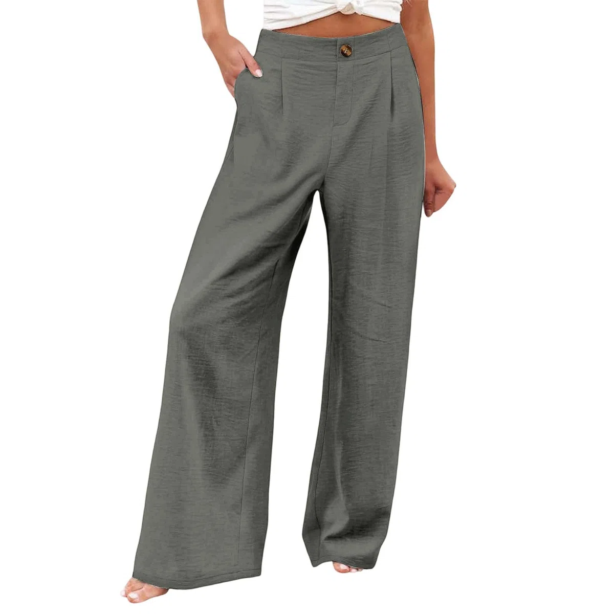Pantaloni Donna Estivi Lino Pants con Tasca Taglio Dritto Pantalone a Gamba Larga con Elastico in Vita Freschi Comodi Abbigliamento Tinta Unita Solido Sciolto Vacanze Mare S-XXL