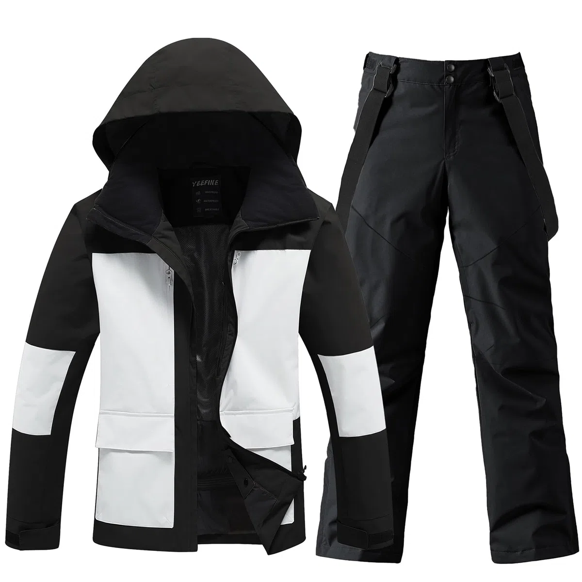 HOTIAN Set giacca e pantaloni da sci da uomo, traspirante, impermeabile, antivento, con cappuccio rimovibile, set da snowboard