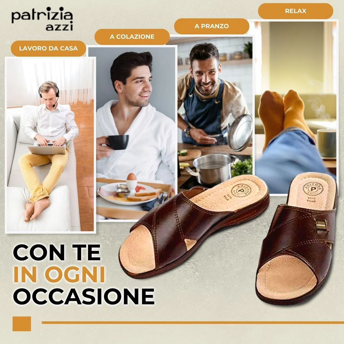 Patrizia Azzi Pantofola Ciabatta Uomo Estivo Sottopiede in Pelle Arizona (Marron, numeric_41)