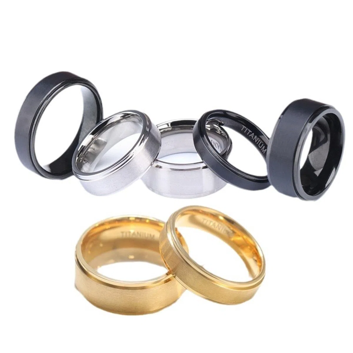 Anello da uomo in acciaio al titanio spazzolato, 4/6/8 mm, fascia nera a strati