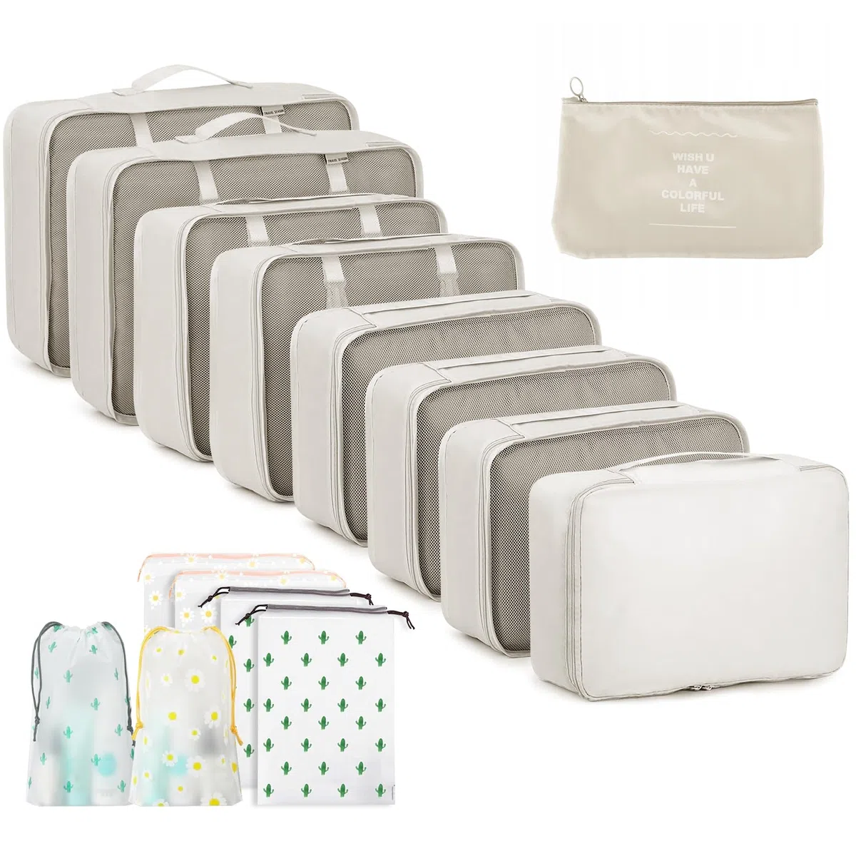 GIBOHOM Organizer Valigia, 15 Pezzi Set Organizer per Valigia, Packing Cubes per Vacanze e Viaggi, Divisori Valigia con Tasche Trasparenti, Beige
