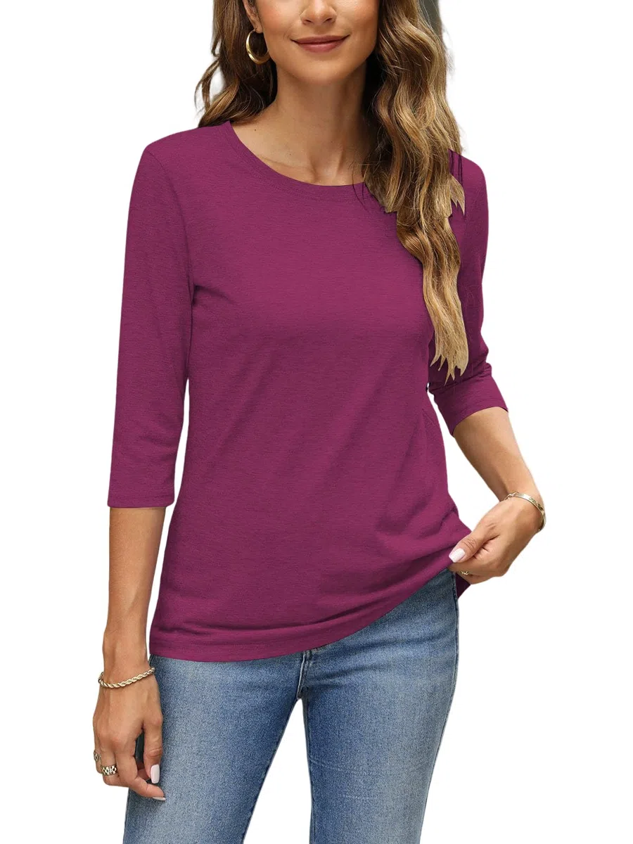 Cuptacc Maglietta a maniche lunghe da donna, girocollo, maniche a 3/4, tinta unita, basic, elegante, morbido e confortevole, per casa, tempo libero, in viaggio