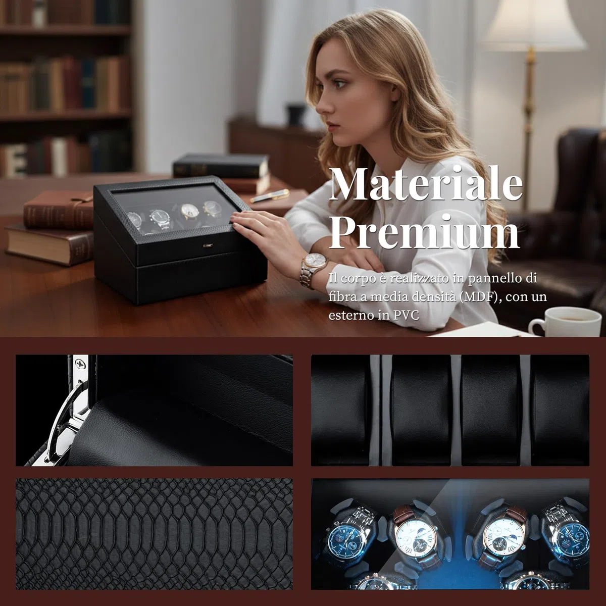 Mcbazel Carica Orologi Automatico Ultra Silenzioso con Luce LED, Scatola di Conservazione di Lusso per 6 Orologi con 5 Modalità di Rotazione e 6 Posizioni di Conservazione Aggiuntive