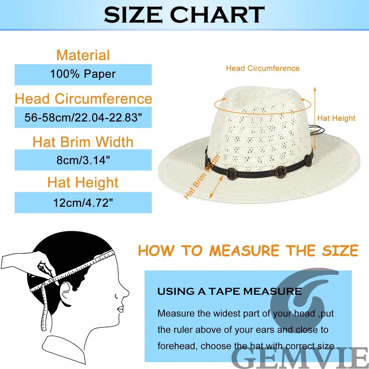GEMVIE Panama, cappello da uomo e donna, a tesa larga, cappello di paglia Fedora, con nastro in grosgrain, cappello estivo