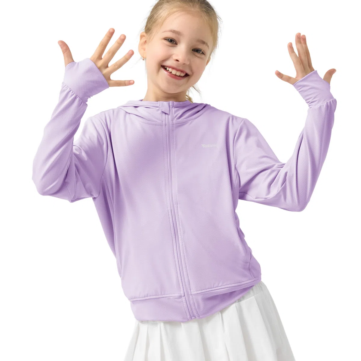 Rolanko Giacca Estiva per Ragazze con Fori per i Pollici Manica Lunga Protezione Solare Asciugatura Rapida Felpa con Cappuccio con Cerniera Top Rash Guard per Bambini