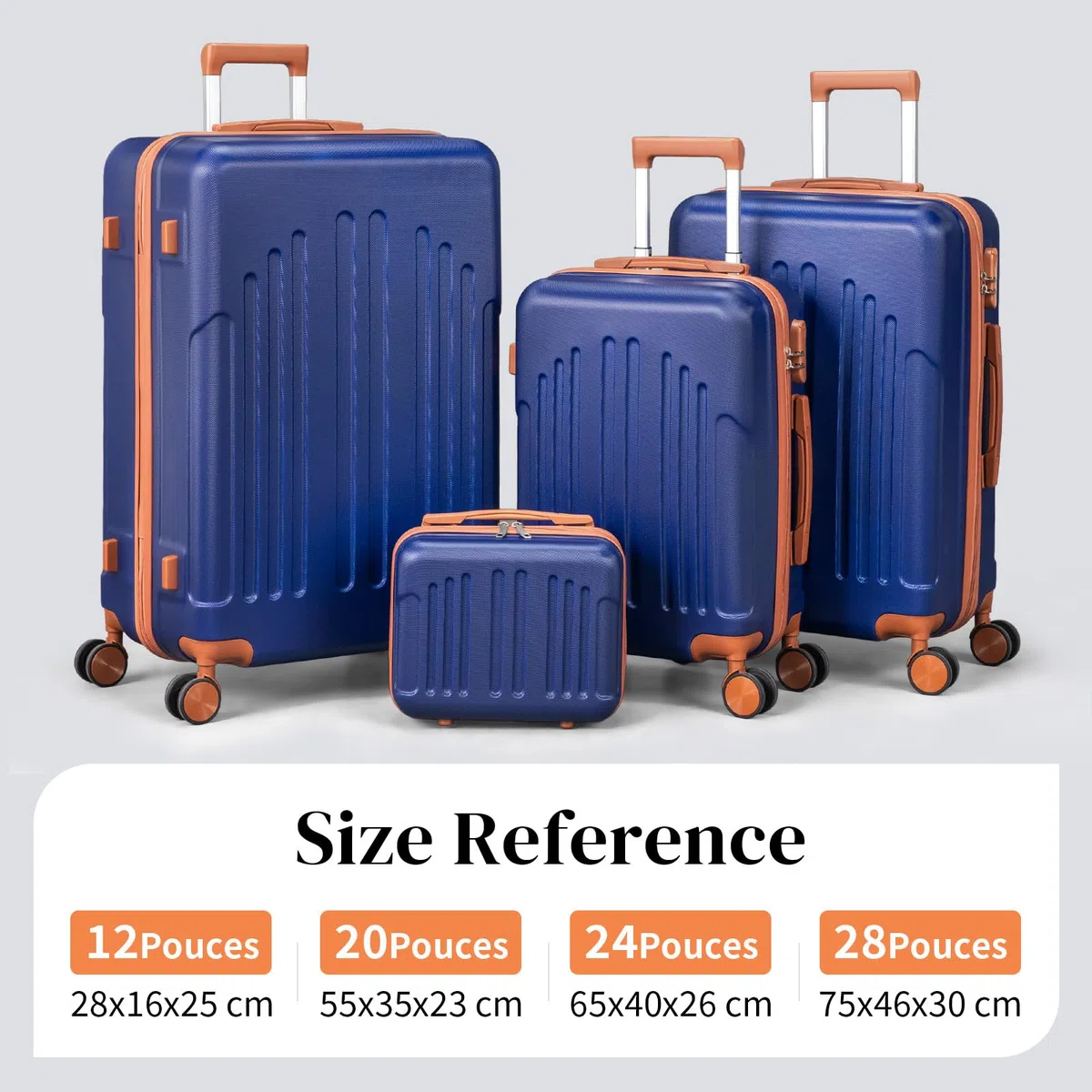 LEADZM Set di Valigie Rigide 4 Pezzi con Beauty Case, Set Valigie in ABS, Luggage Suitcase Grande 23 kg con 4 Ruote Girevoli Doppie (Blu Navy-Marrone)