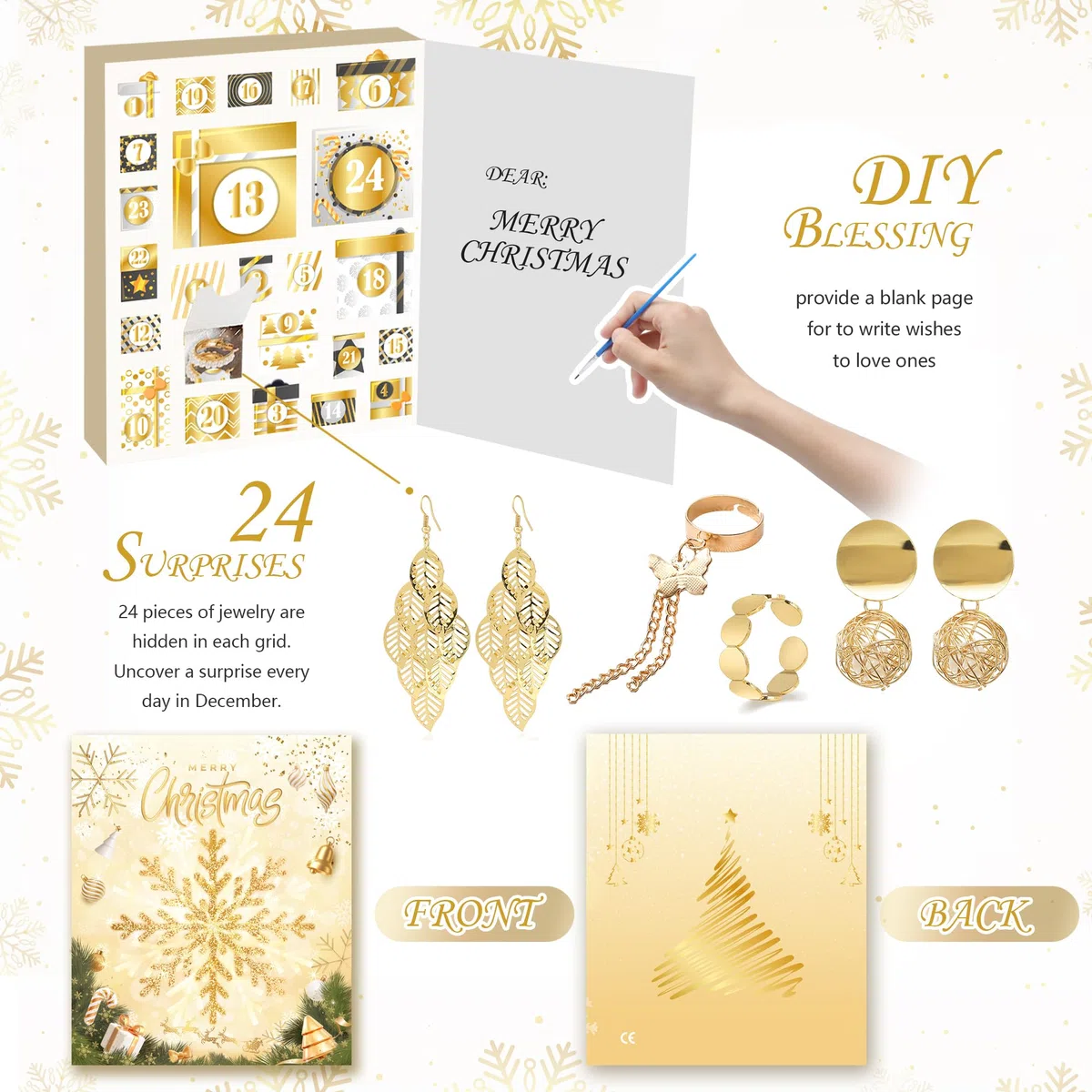 Calendario dell'Avvento Gioielli 2025, 24 sorprese con bracciali, collane e orecchini, set di gioielli da donna, regalo di Natale per donne, ragazze, adolescenti, bambini (oro)