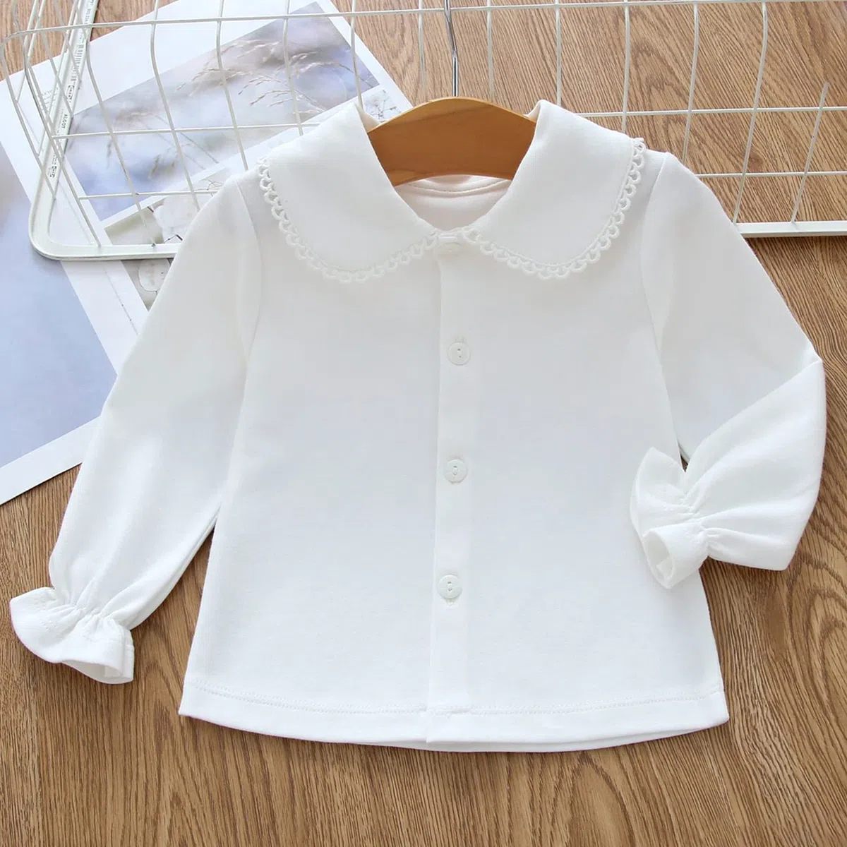 Bebè Bambino Bambina Ragazze Maglia a Maniche Lunghe in Cotone Colletto Peter Pan Chiusura con Bottoni Elastico Magliette Camicette per 0-2 Anni - Tinta Unita Bianco Taglia 56/62/68/74/80/86/92 0-24M