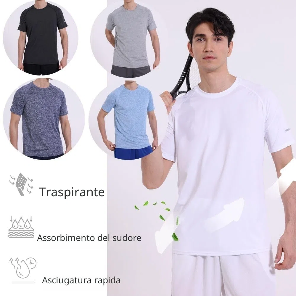 Confezione da 5 magliette sportive da uomo a girocollo, traspiranti e a maniche corte, per palestra, allenamenti, corsa
