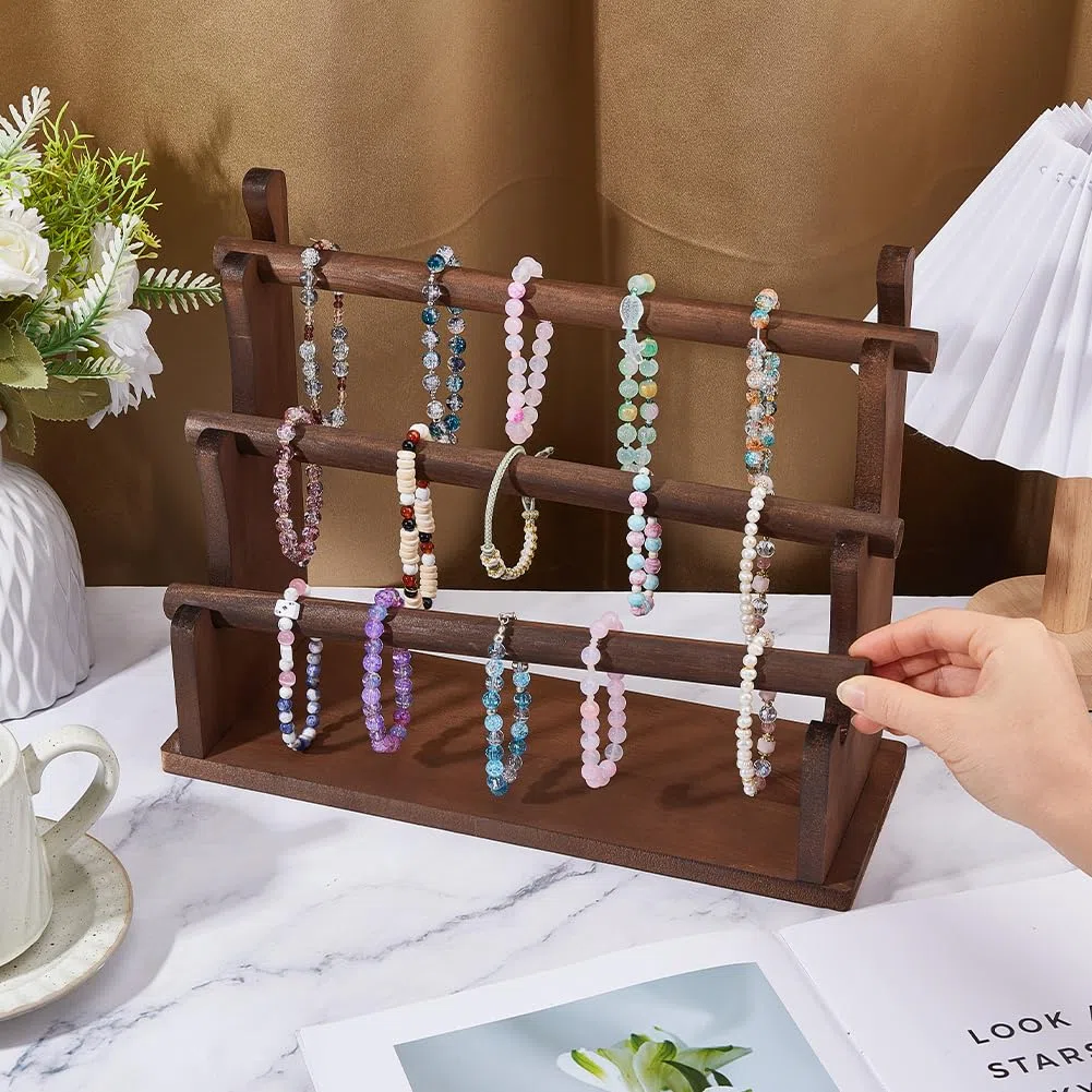 DICOSMETIC Supporto per bracciale in legno a 3 livelli, con supporto in legno, organizer per braccialetti, scrunchies, organizer per gioielli, display per casa, rivenditore e affari