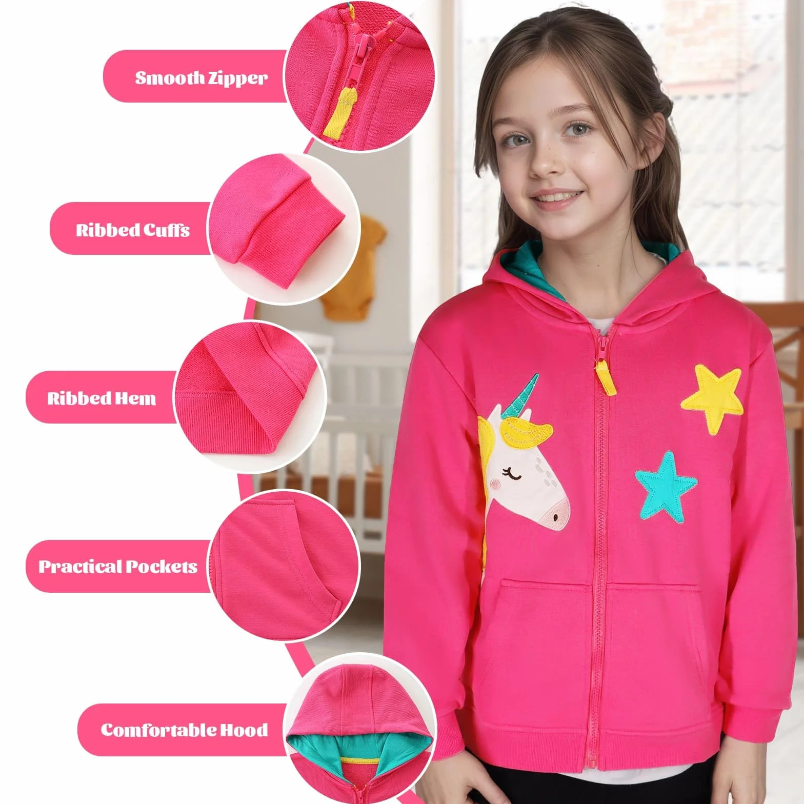 Felpa con Cappuccio con Zip Bambina Bambino, Cotone Giacca a Maniche Lunghe con Tasche, Unicorno Trattore Hoodie Primavera Autunno Casual Scuola Vestiti Top per Bambini 3-8 Anni