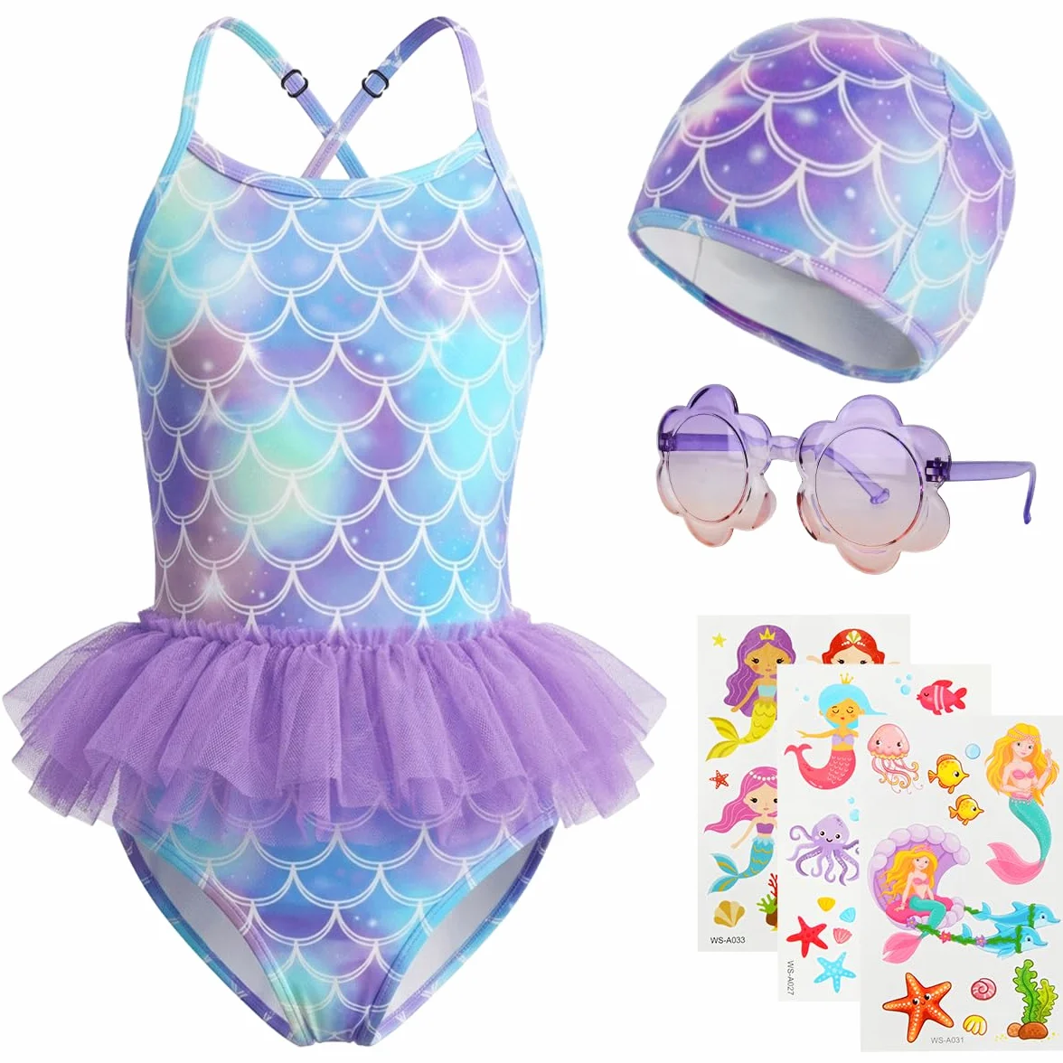 Costume da Bagno per Bambina, Costume Intero Bambina Sirena, Set 4 in 1 con Cuffia, Occhiali da Sole e Tatuaggi, Spalline Regolabili, per Mare e Piscina