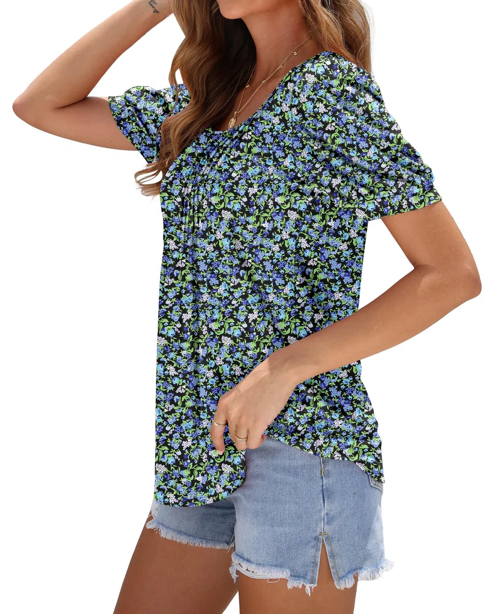 WNEEDU T Shirt Donna Collo Quadrato Magliette Donna Manica Corta a Sbuffo Estive Top Camicia Elegante Plissettata Fluide Tunica Blusa