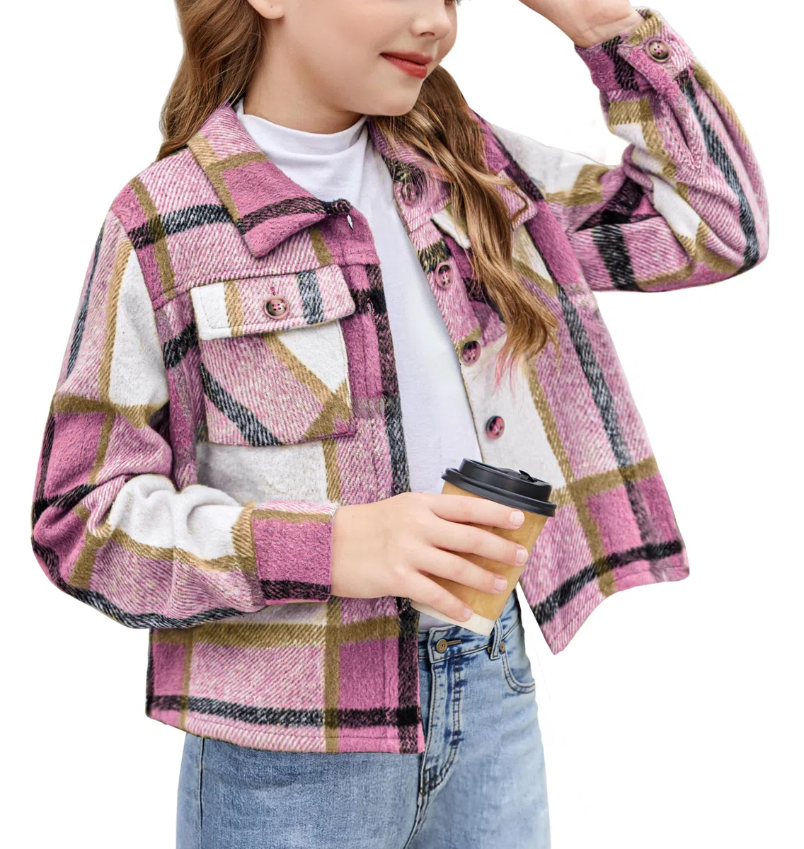 Arshiner Ragazze Camicie a Quadri Autunno-Inverno Camicie a Maniche Lunghe comode e alla Moda Giacca Corta con Risvolto abbottonata Bluse per Bambine 6-14 Anni