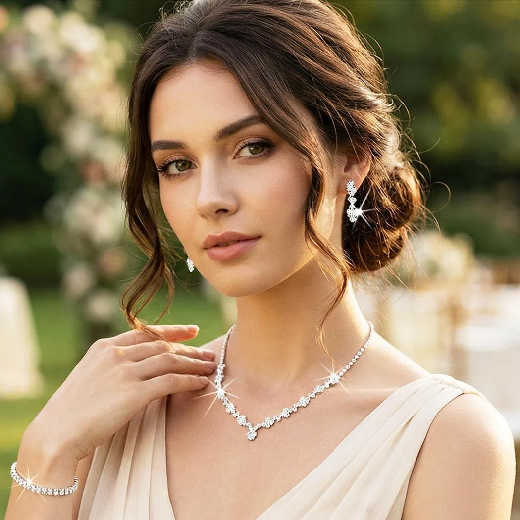 Set di gioielli da sposa in argento con strass da sposa e orecchini, set di gioielli in zirconia cubica per donne e ragazze (XT-031)