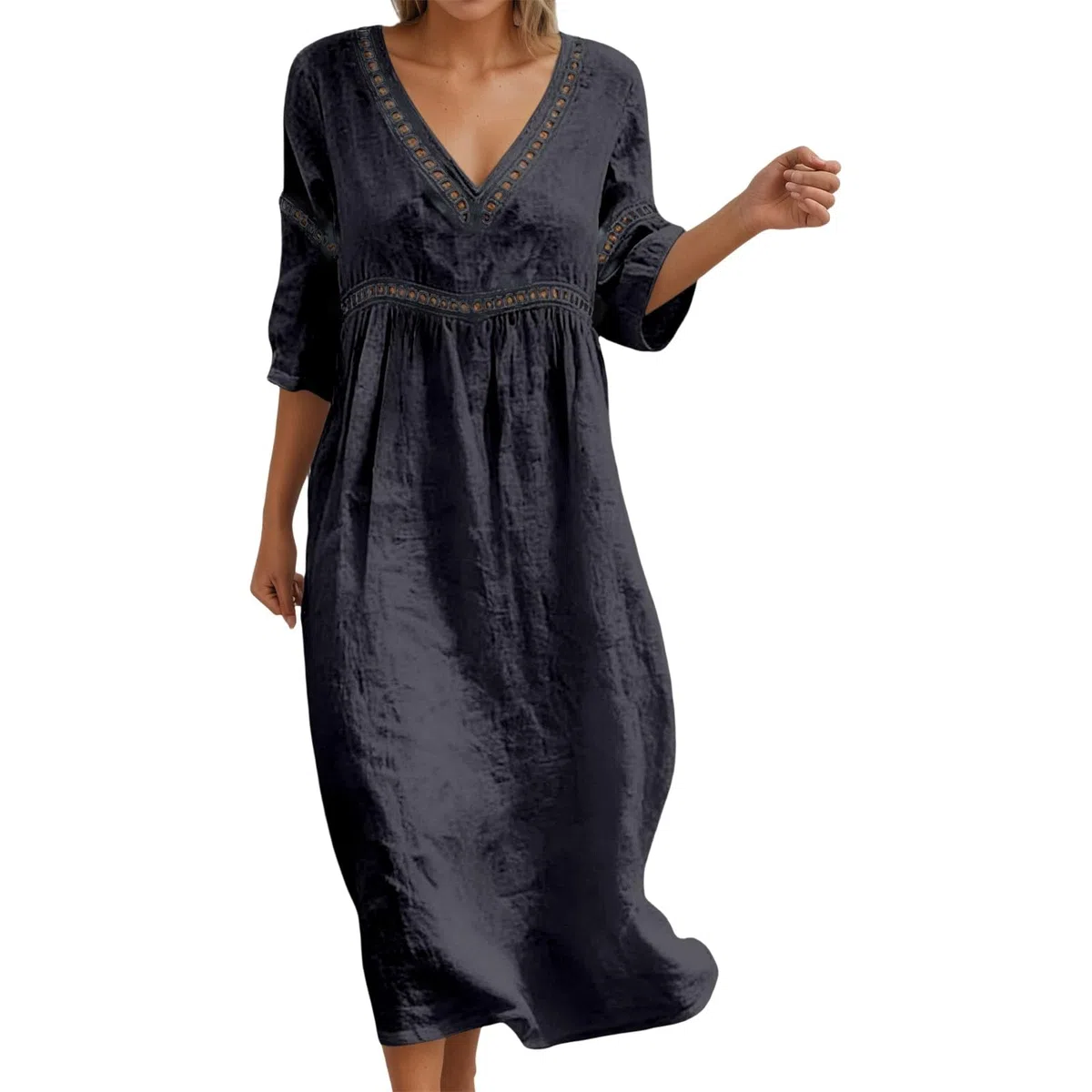 Generico Vestiti Estivi Donna Lino a Maniche a 3/4 Chic Abiti Vacanza Comodo Taglie Forti Vestito Lungo Scollo a V Largo Abito da Spiaggia Tinta Unita Morbido e Traspiranti S-3XL