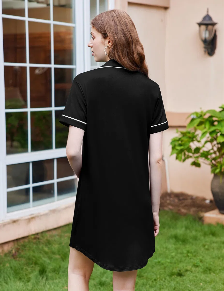 Ekouaer Camicia da Notte Donna Manica Corta Super Morbido e Leggero Bottone Scollo a V Classico Stile Boyfriend con Taschino sul Petto S-XXL