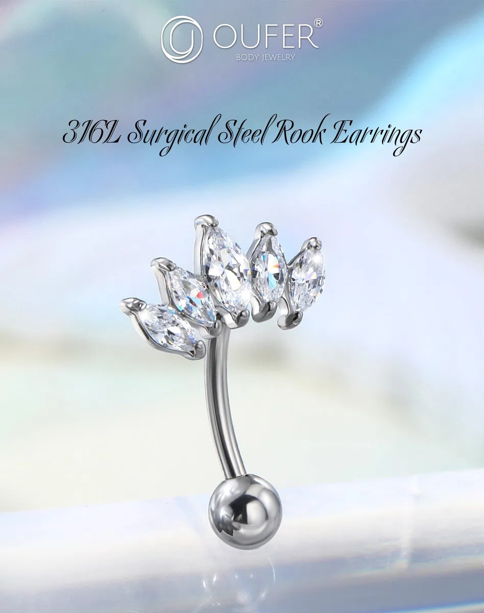 OUFER 16G Curvo Rook Piercing 8 mm Cartilagine Piercing Filettato Interno Acciaio Chirurgico 316L Curved Barbell CZ Trasparenti per Donna Uomo Eyebrow Piercing