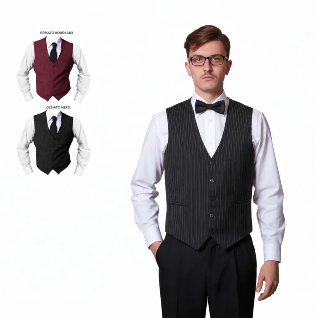 Gilet da Uomo Professionale, per Cameriere Barista Facchino, Disponibile Liscio e Gessato, Nero e Bordeaux