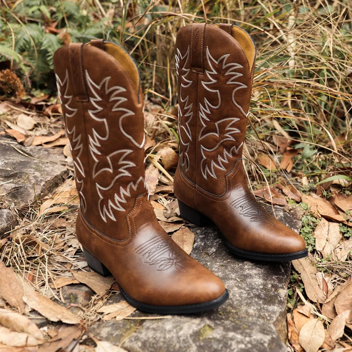 ANUFER Uomo Elegante Ricamato Stivali da Cowboy Occidentale Tacco a Punta Antiscivolo Stivali a Metà Polpaccio SN071164