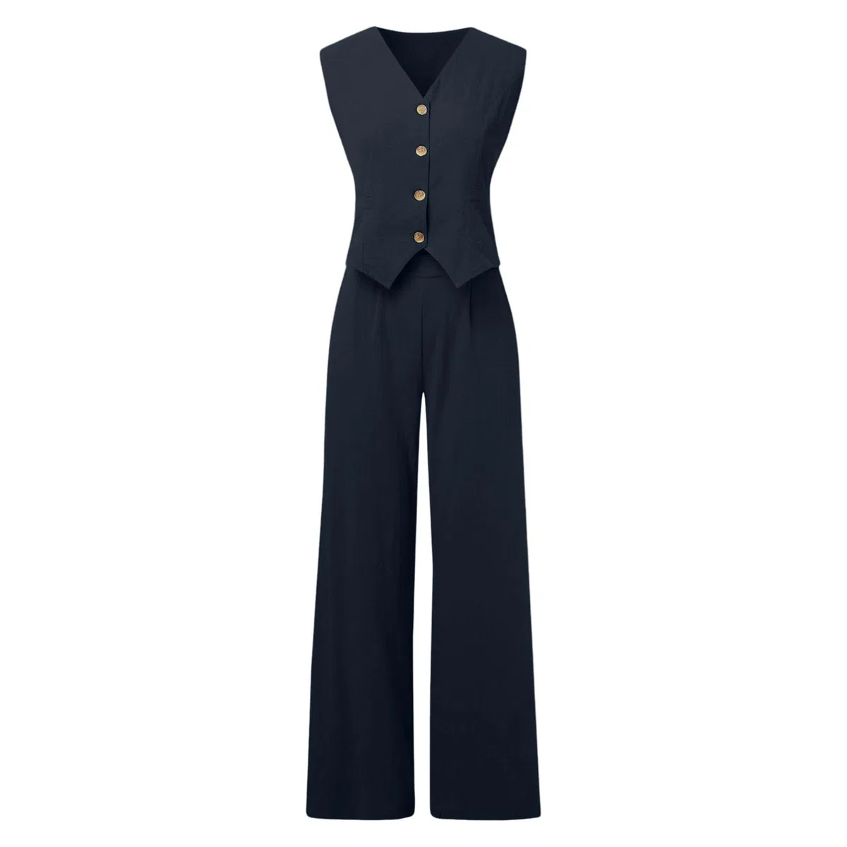 Generico Completo da Donna in 2 Pezzi in Cotone Casual con Gilet e Pantaloni Completi con Bottoni Senza Maniche Camicia e Pantaloni Dritti a Gamba Larga Tasche Blazer Completo Estivo Abbinato da