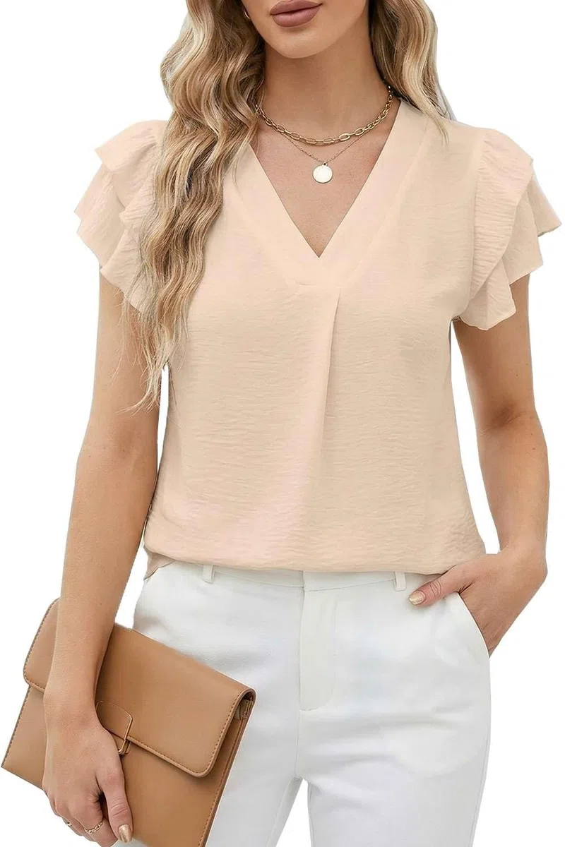 Teesho Camicetta da donna a maniche corte, elegante, estiva, con volant, colletto alto, da lavoro, a tunica, a maniche corte