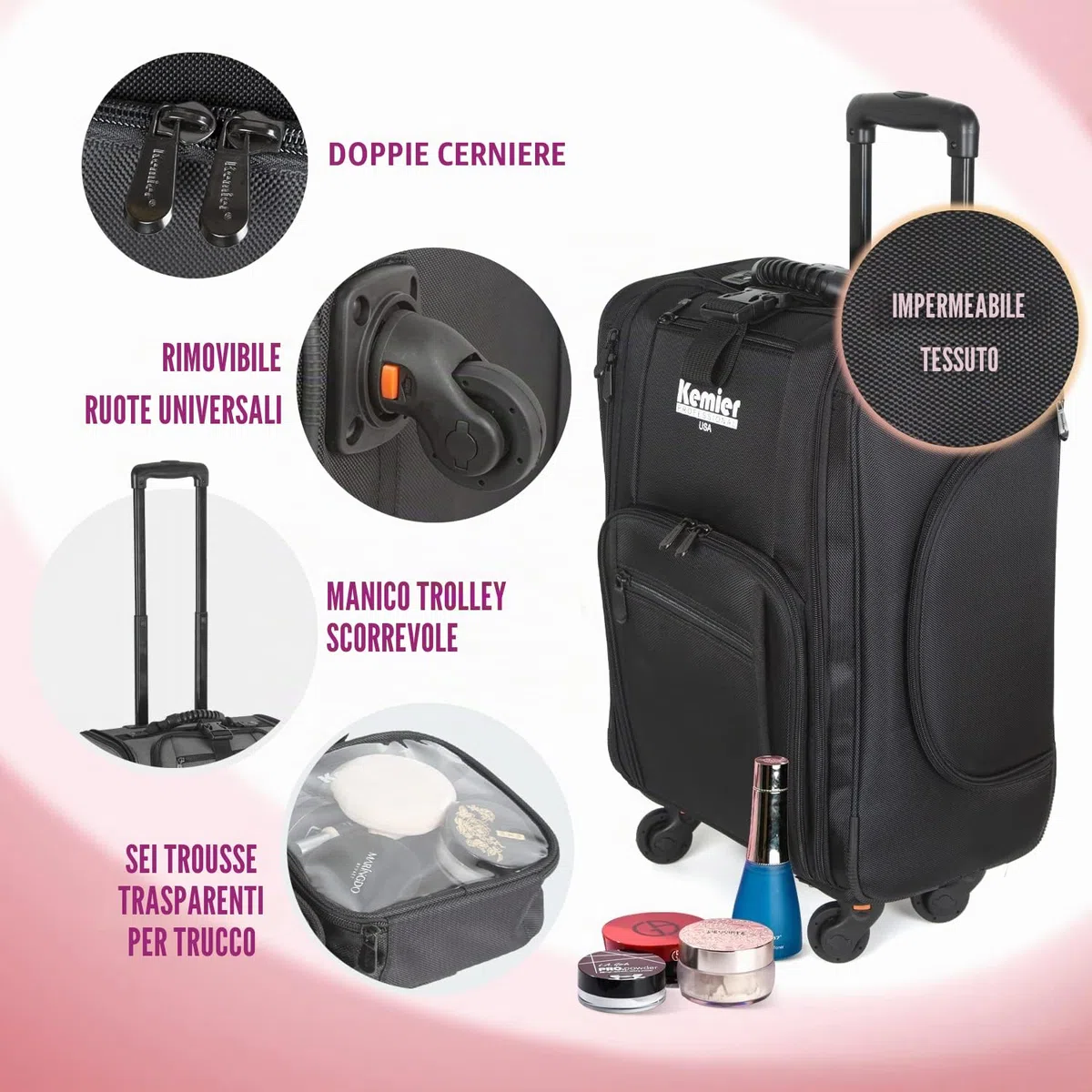 Organizer Portatile per Cosmetici, in Nylon Morbido Con Sacchetti, Nero