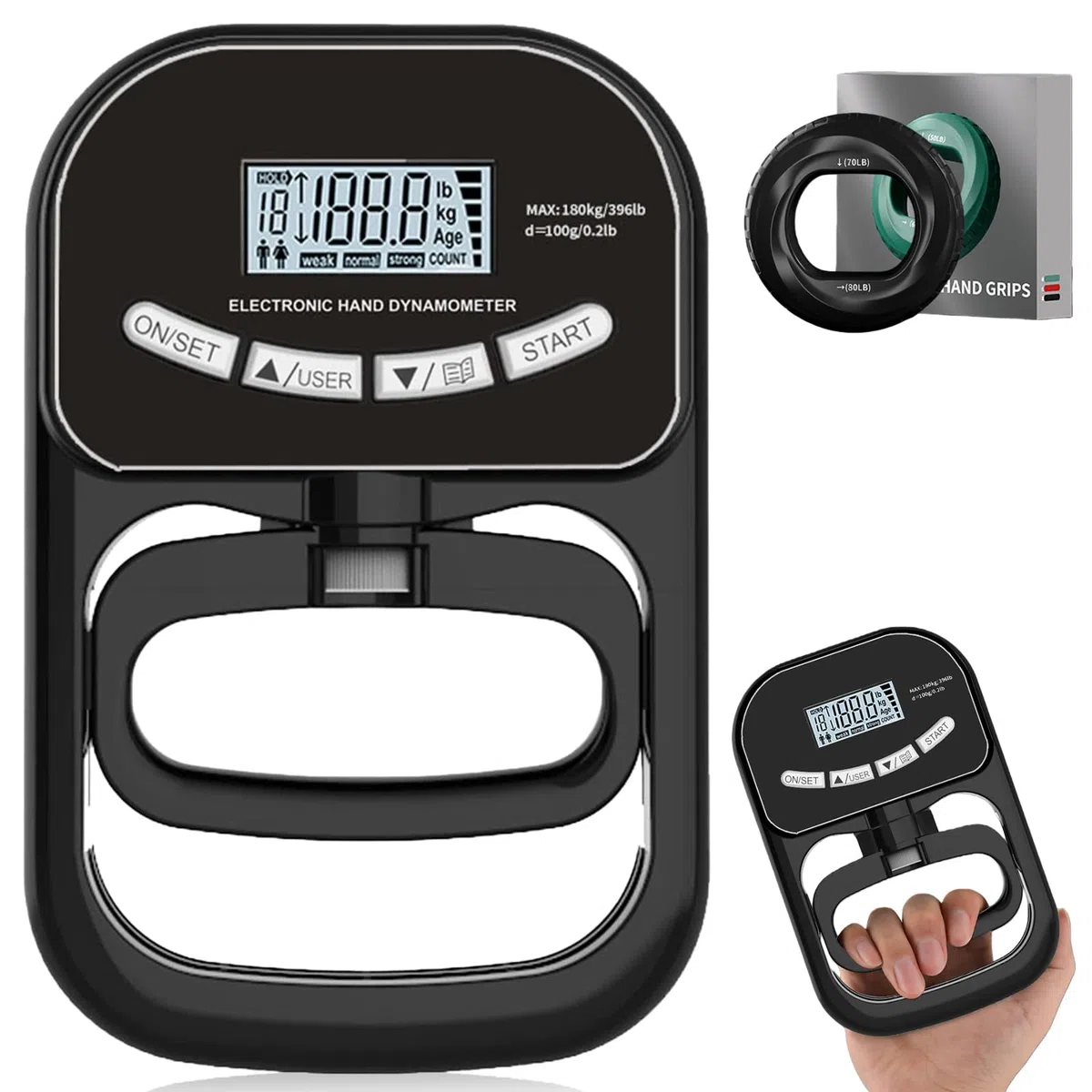 Dinamometro Digitale Manuale, 180 kg/396 libbre, Display LCD, con Anelli in Silicone 70-80 libbre, Misuratore Forza di Presa Elettronico, Nero