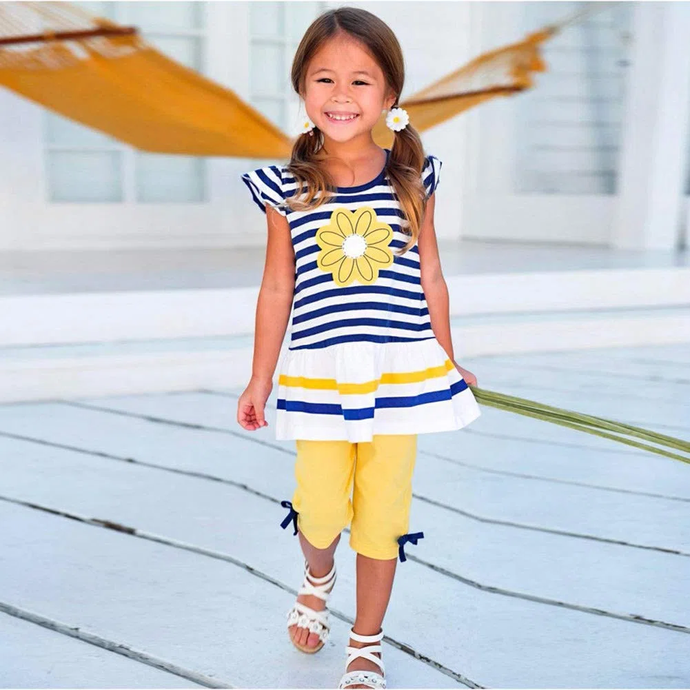 amropi Ragazze Righe Maglietta con Maniche Corte + Leggings Pantaloni Estate 2 PCS Set Completo per 1-8 Anni