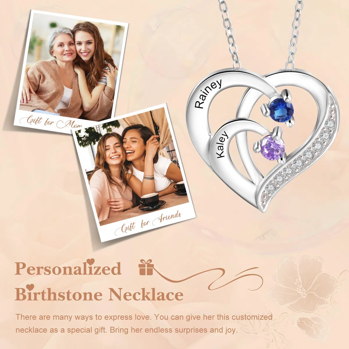 lorajewel Collana da Donna Personalizzata con Nome Pietra di nascita Collana per la Mamma Ciondolo a Cuore in Argento 925 Regalo per Festa della mamma Compleanno Natale