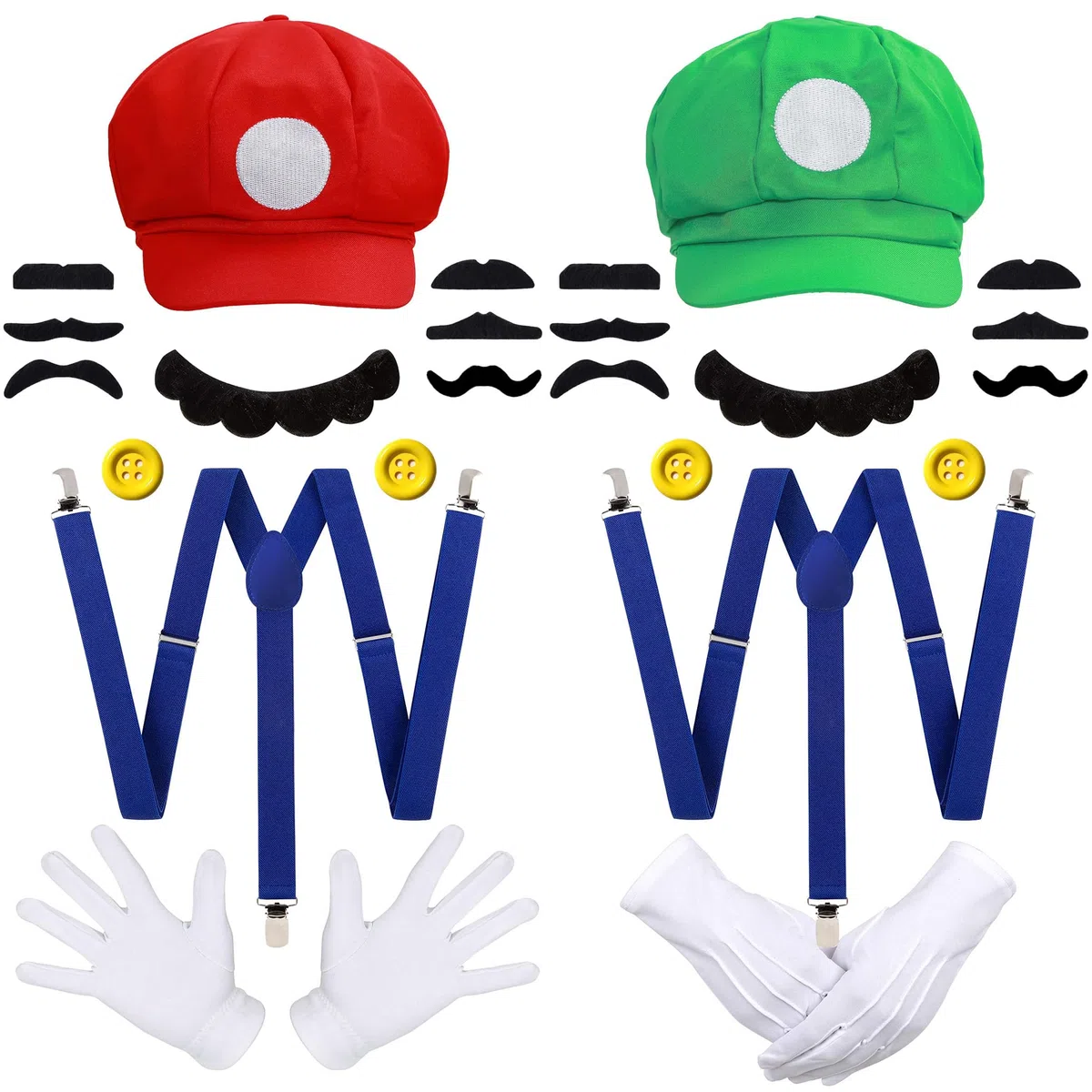 iZoeL Accessori Rosso Verde Cappello - Rosso Verde Bros Cappello Guanti Bretelle Baffi Finti Bottoni Accessori, per Costume Carnevale/Halloween/Cosplay/Carattere Festa, Unisex