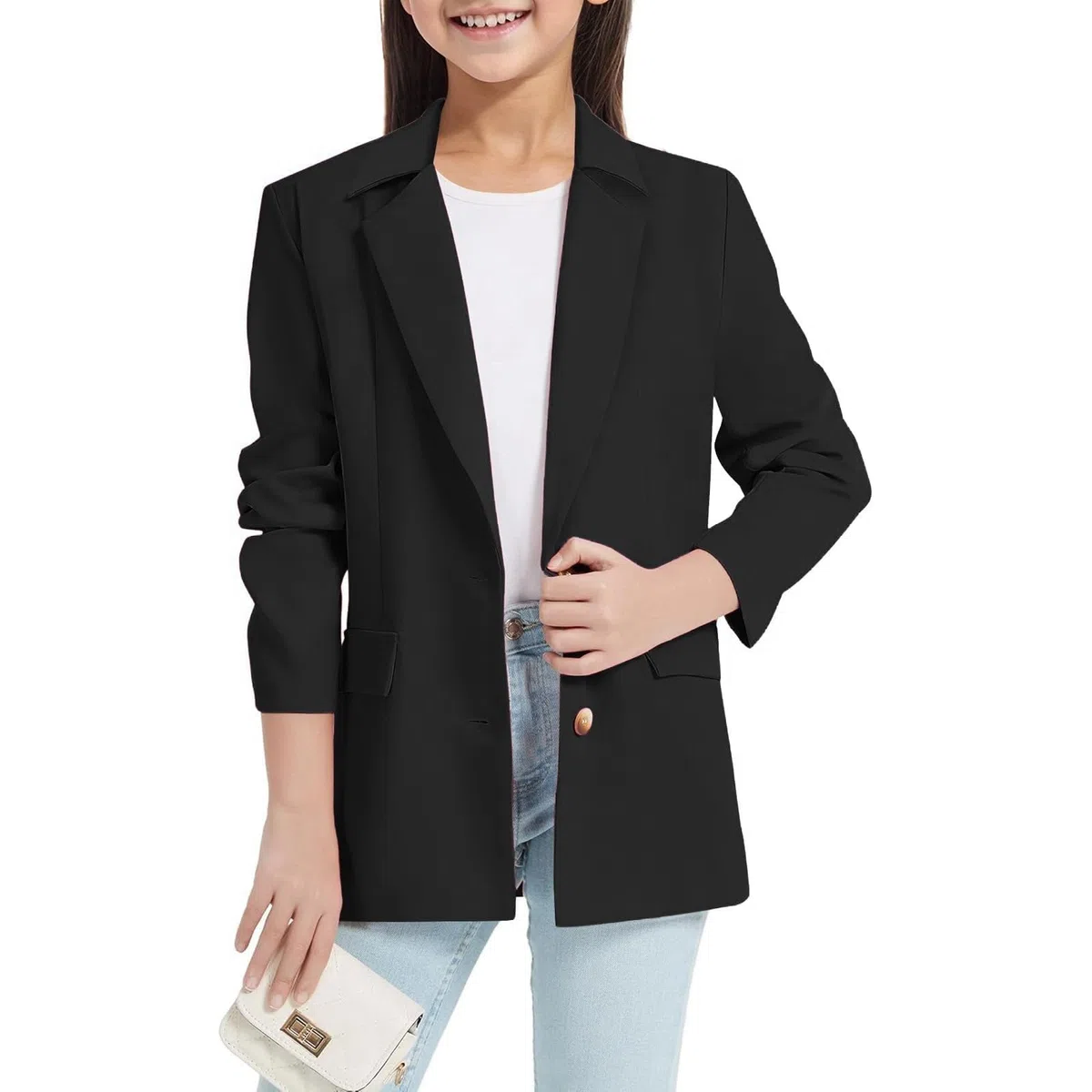 Blazer Bambina Elegante Giacca da Abito Maniche Lunghe Collo a Risvolto con Tasca Interna Aperto Davanti e Casual Lavoro Ufficio Open Front Giacca Primavera Caso Giubbotto Formale Aperto per 3-14 Anni