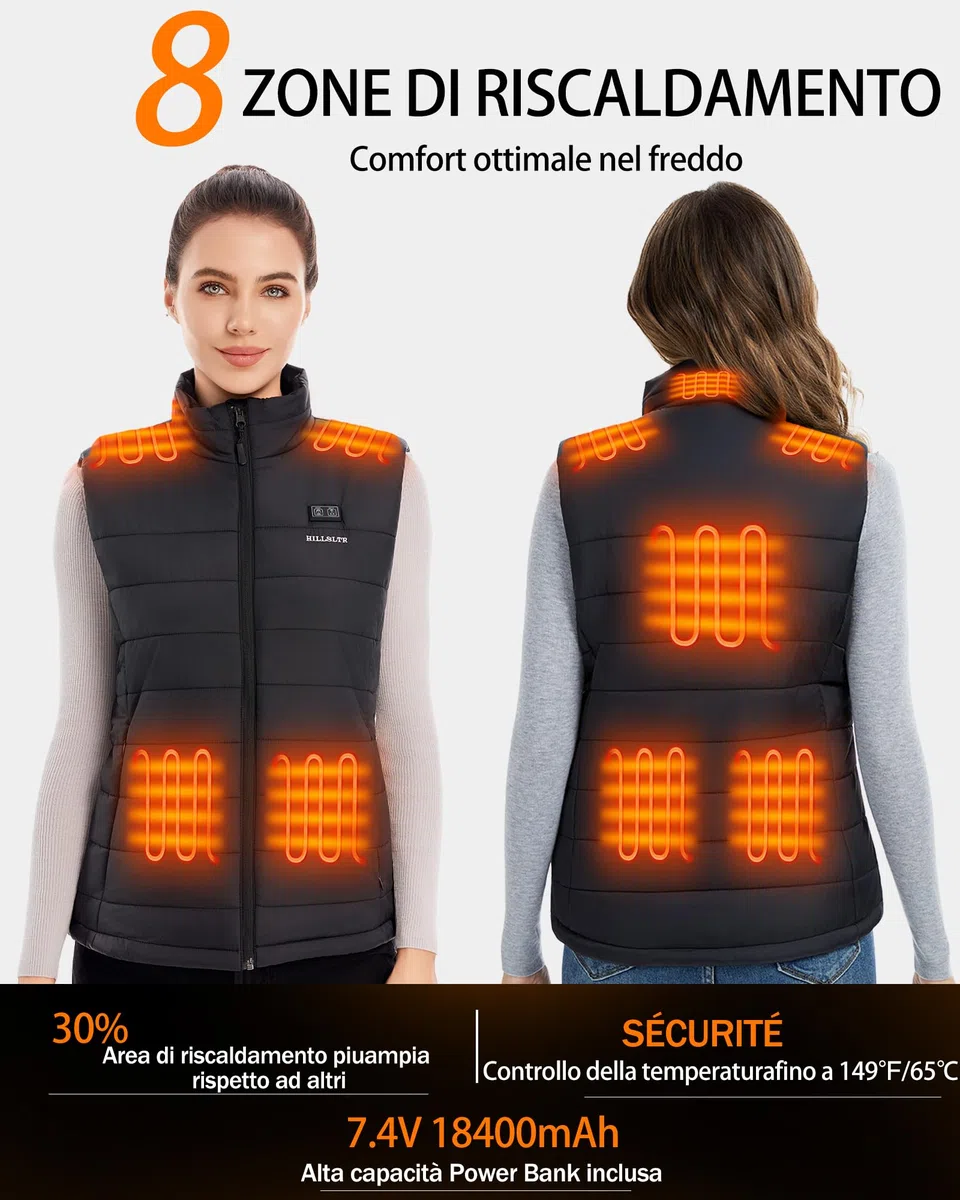 Gilet Riscaldato Donna con Batteria 7.4V 18400mAh – Gilet Termico Elettrico Lavabile, 8 Zone Riscaldanti, Leggero per Outdoor Invernale
