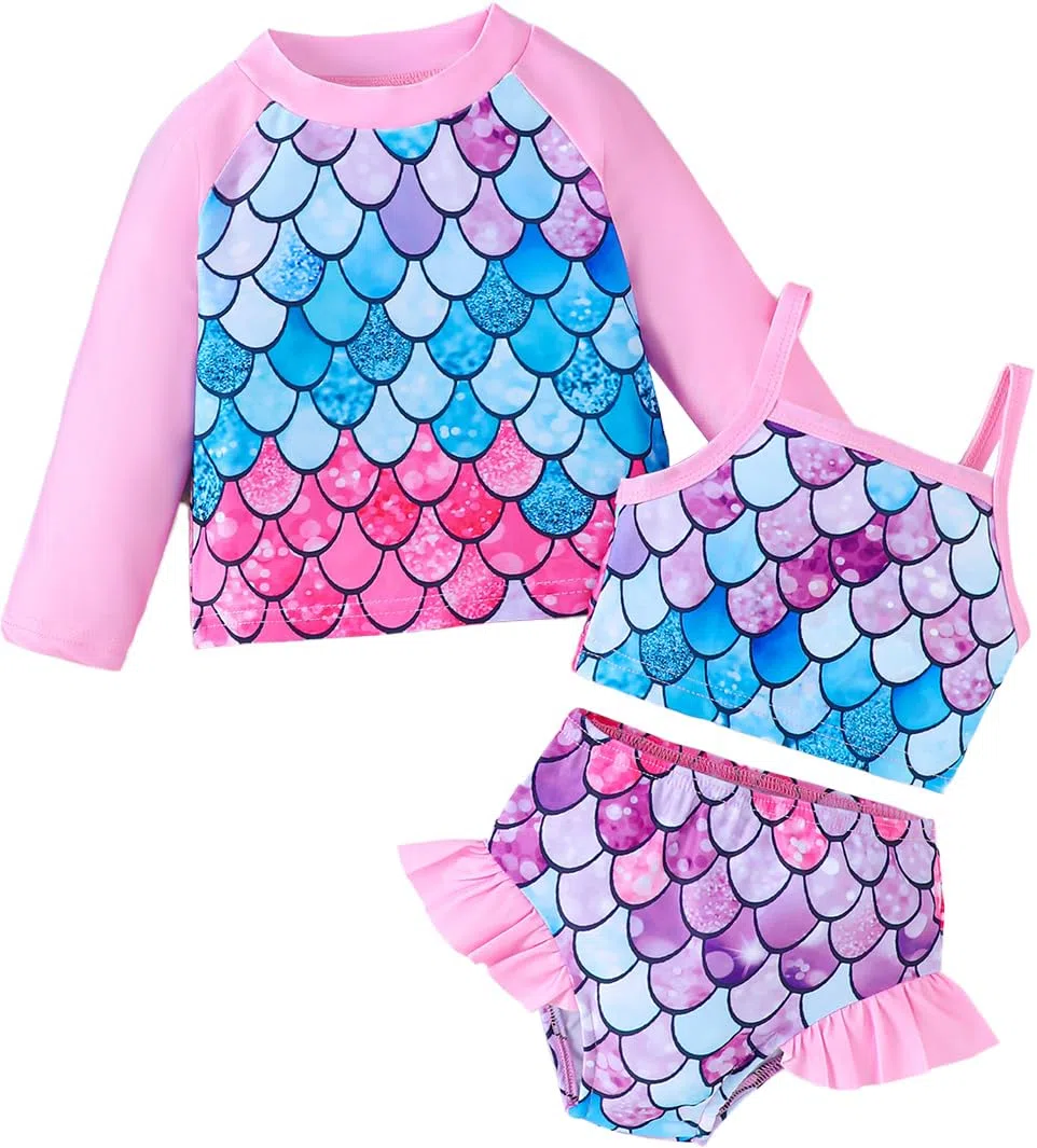 3 Pezzi Set Costume da Bagno per Bambine Maglia Anti-UV a Maniche Lunghe e Tankini Protezione Solare UPF Costume Estivo 12 Mesi -5 Anni